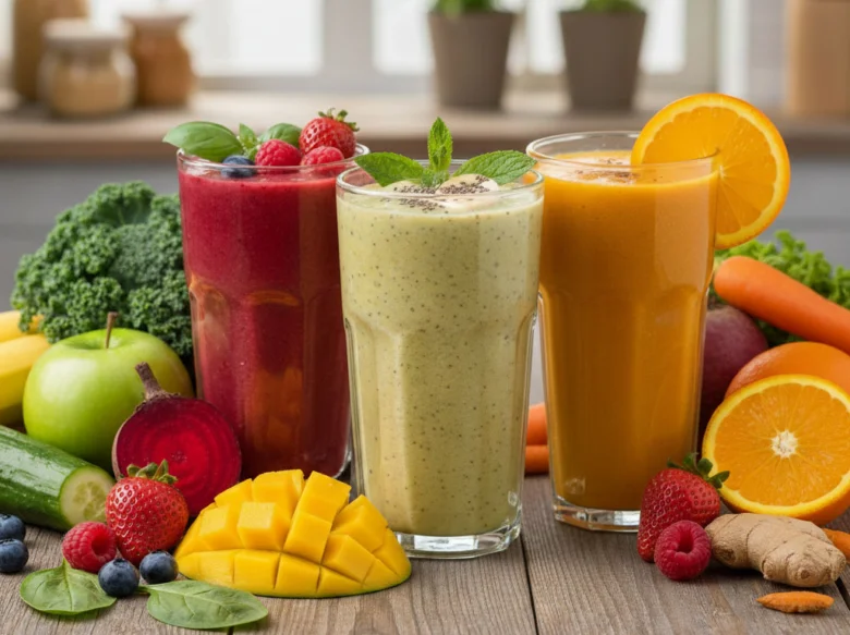 Tři barevné zeleninové smoothie s čerstvými ovocem a zeleninou