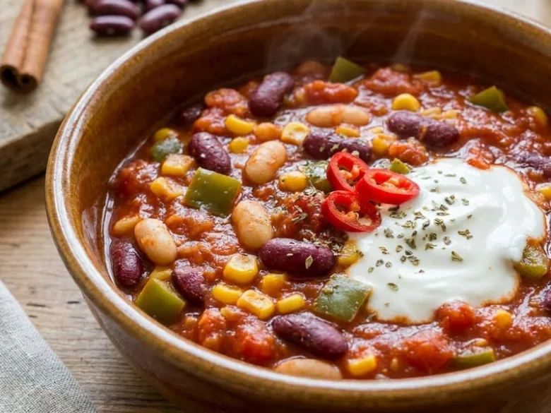 Miska s chilli con carne se smetanou a paprikami.