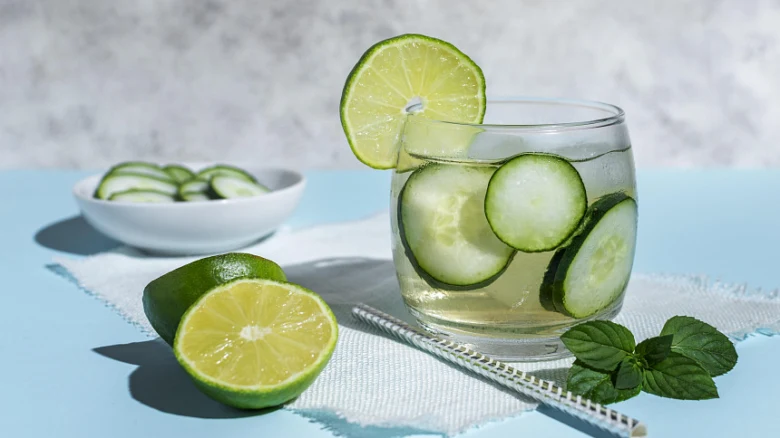 Sklenice okurkové limonády s citronem a mátou.