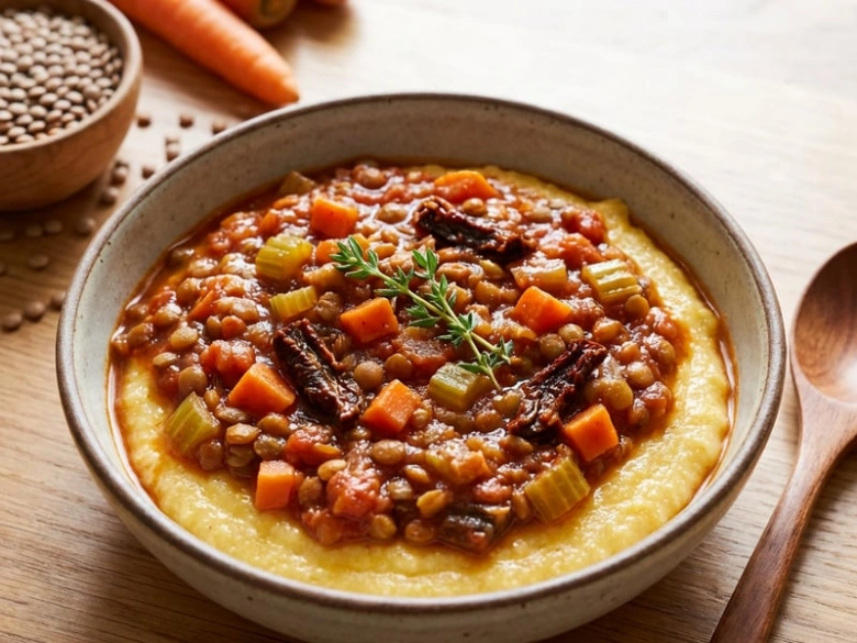 Kulhová čočková ragú s pohankou na žluté bázi