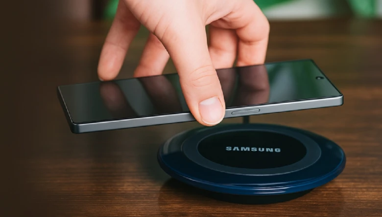 Bezdrátové nabíjení telefonu na podložce značky Samsung.