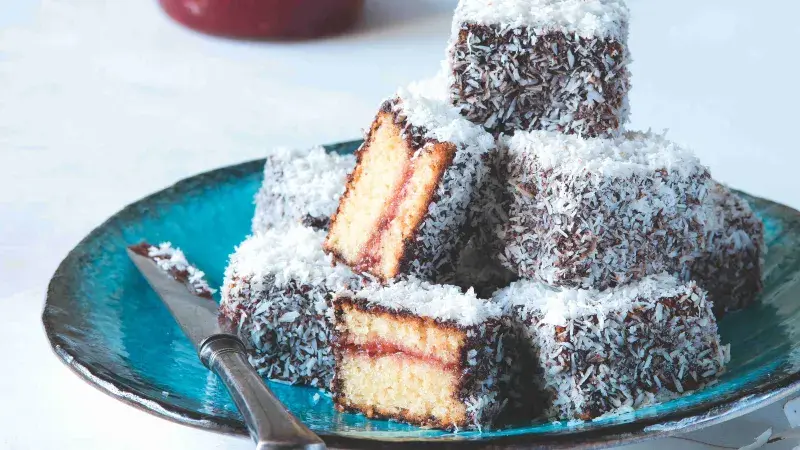 Stacked lamingtons with jam filling