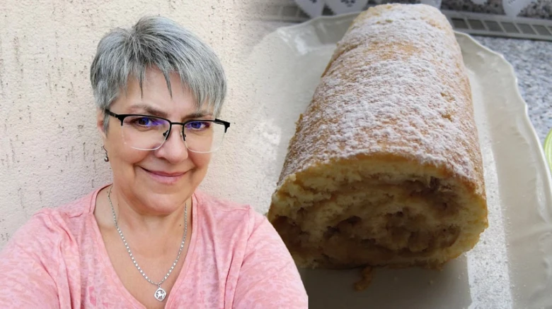 Žena s roládou z piškotu se jablky.