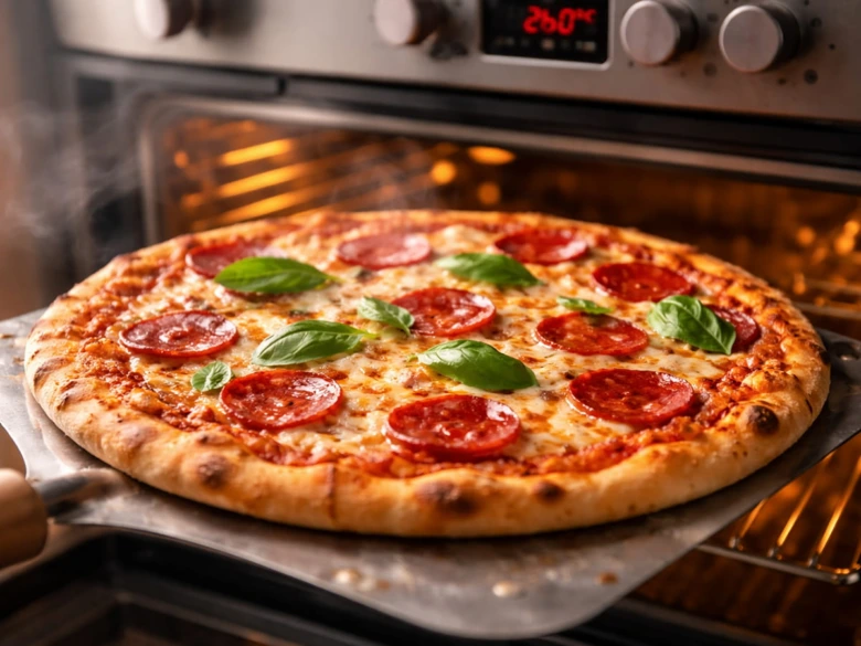 Čerstvá mražená pizza vyjíždí z horké trouhy.