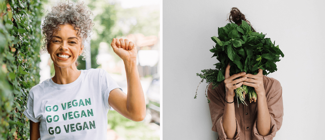 Dvě fotky s tématem veganství: žena v tričku Go Vegan a osoba se zeleninou.