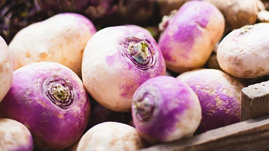 Purple turnips in crate