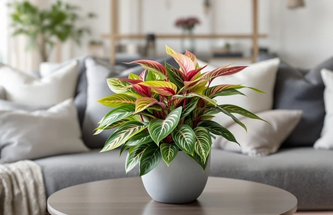 Aglaonema s barevnými listy v interiéru