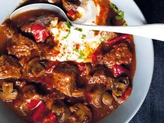 Hot platter of Czech-style meat ragout with peppers and mushrooms.