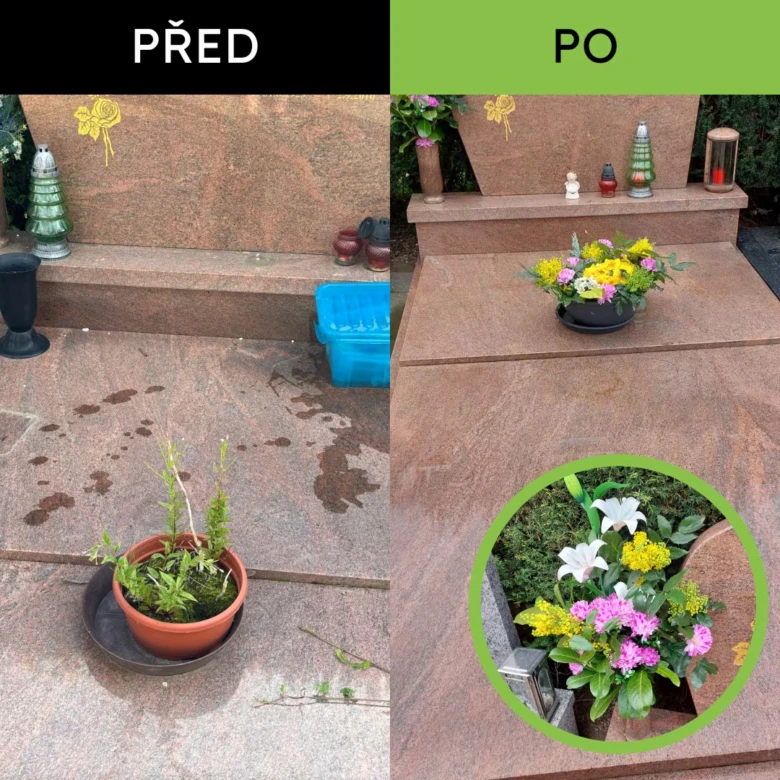 Před po vyčištění hrobu od mechu s květinami