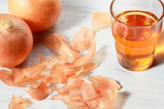 Cibule, cibulové slupky a sklenička s infuzí.