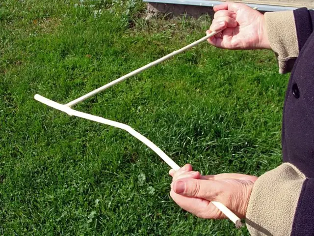 Proutkař drží L-hladinu pro hledání vody venku.