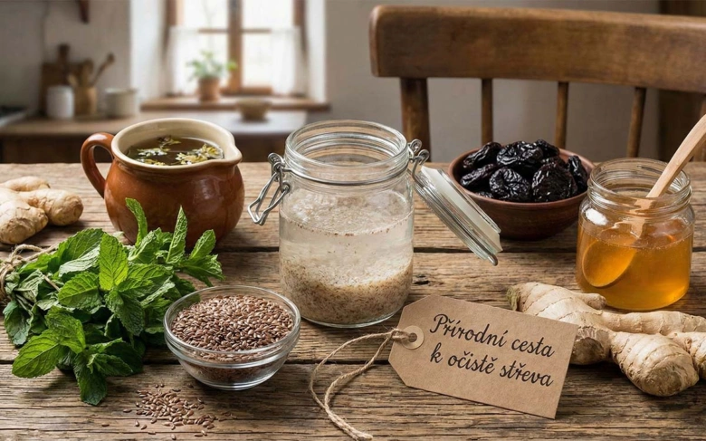 přirozené ingredience pro čištění střev na dřevěném stole