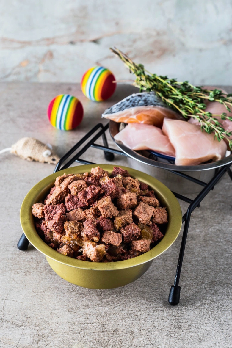 Surovina pro domácí krmení psů: maso, ryba a bylinky.
