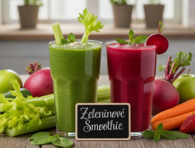 Zeleninové smoothie s čerstvou zeleninou v sklenicích