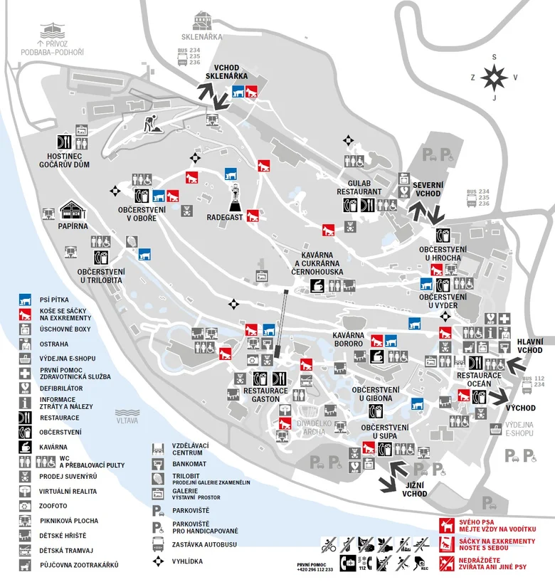 Mapa zoo s vchody a zařízeními pro psy