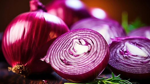 Červená cibule nakrájená na kolečka s bylinkami.
