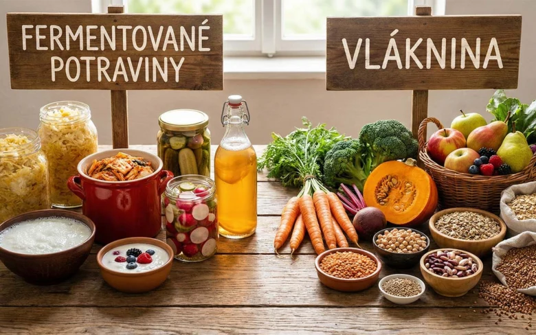 Fermentované potraviny a vláknina na dřevěném stole.