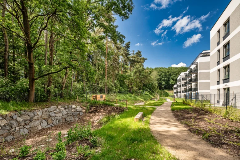 Moderní bytový dům v lesním prostředí ukazuje úspěšný developerský projekt.