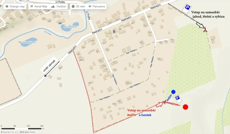 Mapa místa pro sběr malin s vjezdem.